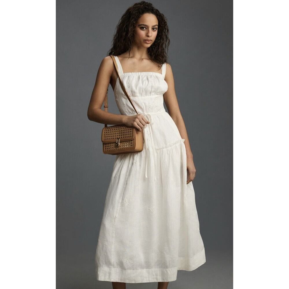 New Anthropologie Linen Sqaure Neck Midi Dress Size Large Ivory